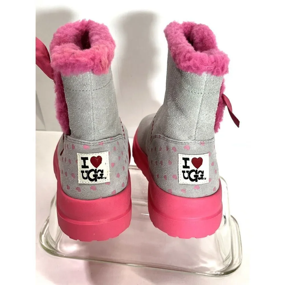 UGG Girls Knotty Boots Size 4 Youth Gray Suede Pink‎ Shearing Bow I heart